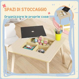 Set Tavolo e 2 Sedie per Bambini 3-6 Anni, Tavolo 3 in 1 con Lavagna Rimovibile, Scomparto di Stoccaggio e Sedie con Schienale Orsetto, per Camera dei Bambini e Sala...