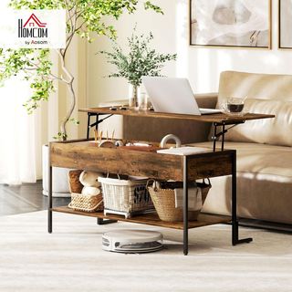 Mesa de Café Elevable con Compartimento Oculto y Estante Inferior, Mesa de Salón de Estilo Industrial en Madera y Metal, Marrón Rústico
