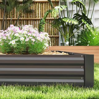 Cama de Huerto Elevada para Exterior 835L, Jardinera de Balcón en Acero Galvanizado con Fondo Abierto, para Plantas, Flores y Verduras, 240X120X30Cm, Gris Oscuro