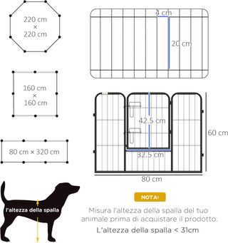 Pawhut Box Recinto per Animali Cani Gatti Cuccioli Roditori Rete in Ferro per Giardino Esterno 80X60Cm 8Pz
