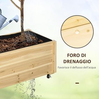 Giardino di fiori con foro di drenaggio e fodera in tessuto non tessuto, giardino in legno di abete con ruote, 89X48X47 cm, colore legno