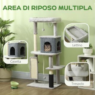 Árbol Rascador Multinivel Alto 132 Cm, Gimnasio para Gatos Con Casita, Cama para Gatos, Postes Rascadores, Plataforma, Cepillo y Pelota, Dispositivo Antivuelco, Gris Claro