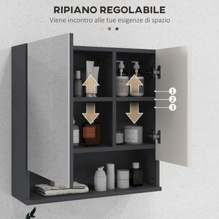Armario de Baño Con Espejo Y 2 Puertas, Espejo de Baño Contenedor Con Estantes Regulables en Madera, 55X17X55Cm, Gris