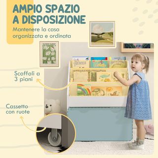 Scaffale per Bambini 3-8 Anni con 3 Ripiani e Cassetto, Scaffale Giocattoli in MDF, 62.5X30X70 Cm, Bianco