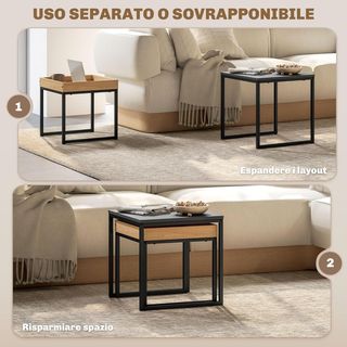 Set di 2 Tavolini da Caffè Moderni con Gambe a U, Tavolini in Legno e Acciaio, 45X45X45 Cm e 40X40X40 Cm, Nero