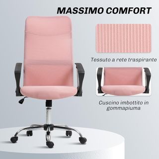 Silla Ergonomica De Oficina Giratoria Y Balanceo Con Ruedas, Altura Ajustable Y Respaldo De Malla, 63X65X109-119 Cm, Rosa