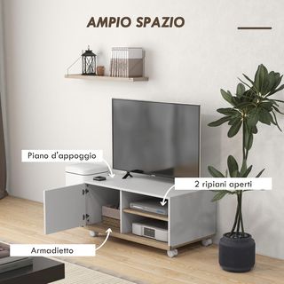 Mobile TV con ruote, mobile porta TV fino a 42" con armadio, ripiani aperti regolabili, foro per cavi, mobile per TV, per soggiorno, camera da letto e salotto, 80X45X41 cm bianco