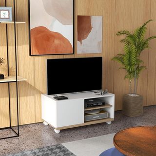 Mobile TV con ruote, mobile porta TV fino a 42" con armadio, ripiani aperti regolabili, foro per cavi, mobile per TV, per soggiorno, camera da letto e salotto, 80X45X41 cm bianco