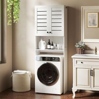 Mueble Sobre WC Con Armario de 2 Puertas y Estante Abierto, Mueble de Baño en MDF, Estante Sobre WC, 67X31.5X190 Cm, Blanco