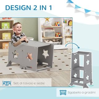 Torre Montessoriana per Bambini Convertibile in Tavolo e Sedie con Barra di Sicurezza, Sgabello per Bambini 3-6 Anni in Legno, Torre di Apprendimento per Bagno, Cucina e Asilo, Grigio
