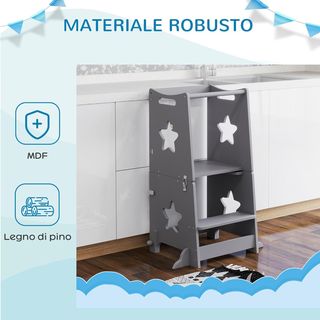 Torre Montessoriana per Bambini Convertibile in Tavolo e Sedie con Barra di Sicurezza, Sgabello per Bambini 3-6 Anni in Legno, Torre di Apprendimento per Bagno, Cucina e Asilo, Grigio