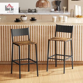 Conjunto De 2 Taburetes De Bar Con Respaldo En Estilo Industrial, Taburetes Altos De Cocina Y Barra Con Reposapiés Integrado Y Respaldo, Para Sala De Estar Y Salón, Marrón Rústico