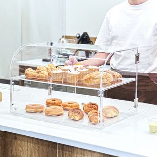 Exhibidor de Pasteles, Exhibidor de Panadería de Mostrador Comercial de 2 Niveles, Caja de Acrílico con Acceso por Puerta Trasera y Estantes Extraíbles, Mantiene Frescos Donas, Bagels, Pasteles, G...