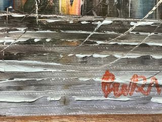 Dipinto olio spatolato barca e case