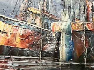 Dipinto olio spatolato barca e case