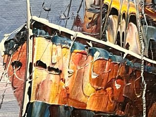 Dipinto olio spatolato barca e case