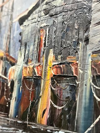 Dipinto olio spatolato barca e case