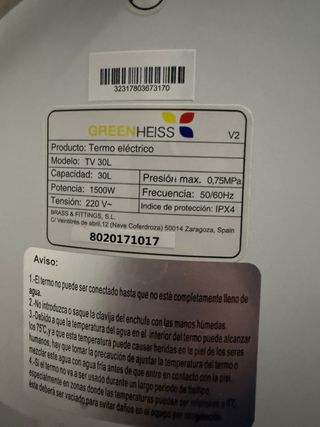 Termo Eléctrico GREENHEISS 30L
