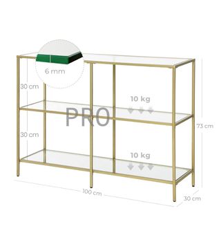 Consola d'ingresso VASAGLE, 3 livelli in vetro temperato, 30 x 100 x 73 cm, struttura in metallo, moderna, per ingresso, soggiorno, camera da letto, dorato metallico e trasparente LGT27G