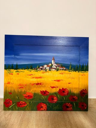 Cuadro pintado a mano paisaje campo amapolas