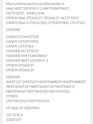 Candy/Hoover 43013198 borde de carcasa lavadora