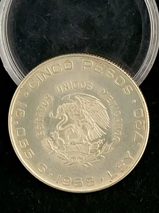 Moneda 5 Pesos Mexicanos Hidalgo 1955 Plata