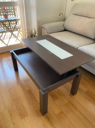 Mesa y mesita de comedor madera oscura y 6 sillas