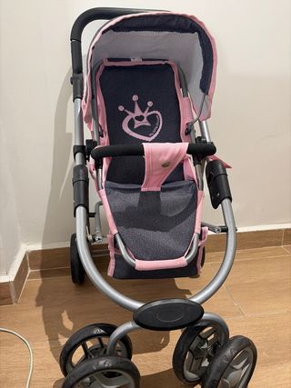 Cochecito de juguete rosa y gris