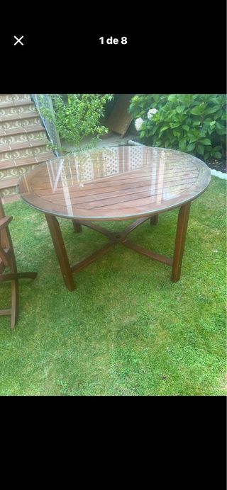 Mesa redonda teka y 6 sillas madera