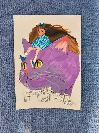 Ilustración niña y gato morado