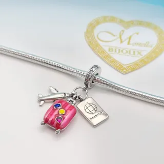 Charm argento 925 viaggio trolley rosa aereo passa