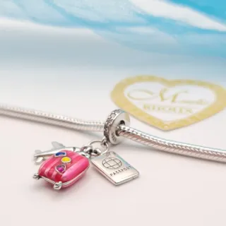 Charm argento 925 viaggio trolley rosa aereo passa
