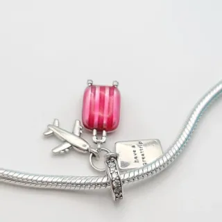 Charm argento 925 viaggio trolley rosa aereo passa