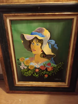 Cuadro antiguo mujer con sombrero y flores