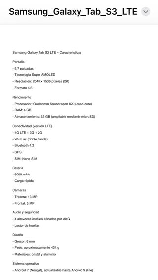 Tablet Samsung Galaxy Tab S3 color plata con LTE.