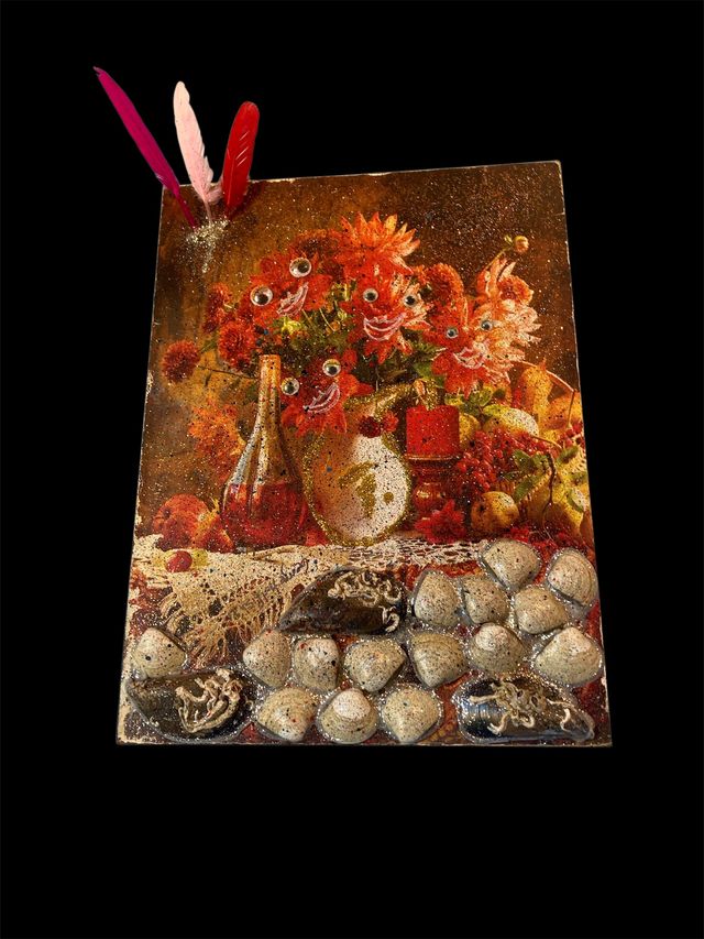 Cuadro 3D Bodegón y Flores sobre lecho de Conchas