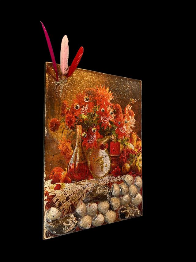 Cuadro 3D Bodegón y Flores sobre lecho de Conchas