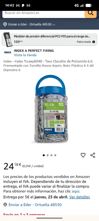 Tacos Clavables INDEX 6x40mm (400 uds)