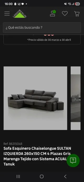 Sofá Chaiselongue Sultan Gris 260x150