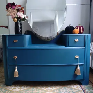 Cómoda Vintage Azul Marino • Mueble Tocador+Espejo