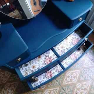 Cómoda Vintage Azul Marino • Mueble Tocador+Espejo