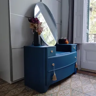 Cómoda Vintage Azul Marino • Mueble Tocador+Espejo