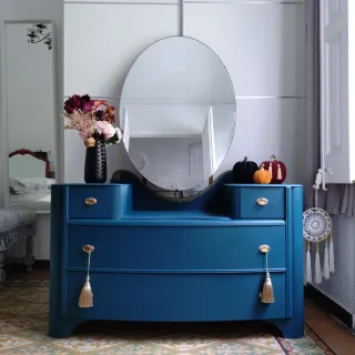 Cómoda Vintage Azul Marino • Mueble Tocador+Espejo