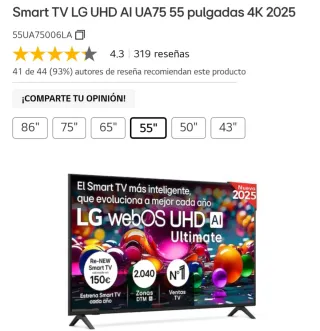 !!OFERTA!! Smart TV LG 55 4K UHD AI UA75