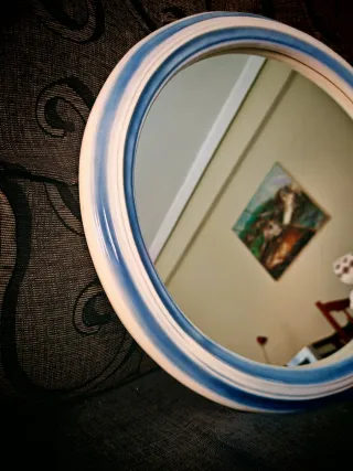 Espejo Ovalado Cerámica Azul y Blanco