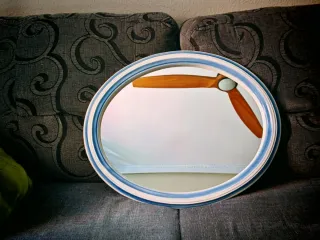 Espejo Ovalado Cerámica Azul y Blanco