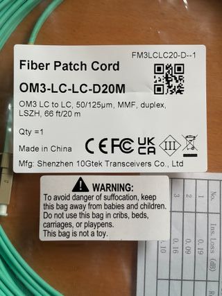 Cable Fibra Óptica 20m OM3 LC-LC dúplex 10Gb SFP+