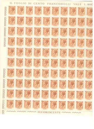 Foglio 100 Francobolli Italia Turrita L.600