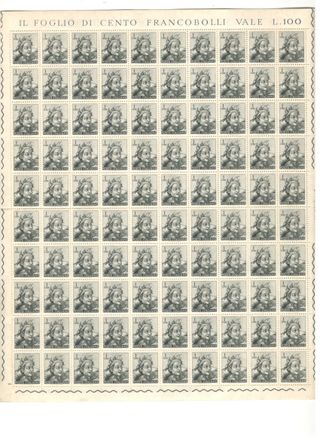 Italia Foglio 100 Francobolli 1961 Michelangelo