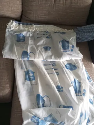 3 Cortinas Cocina Volante Azul Blanco